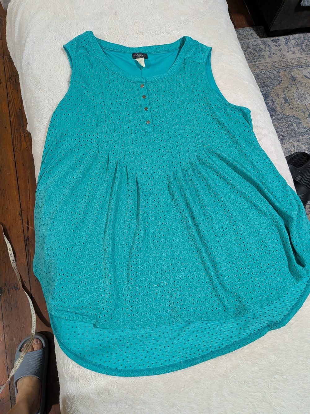 Cocomo Woman Teal Eyelet Tunic Top Sleeveless Pintuck Boho Plus Size